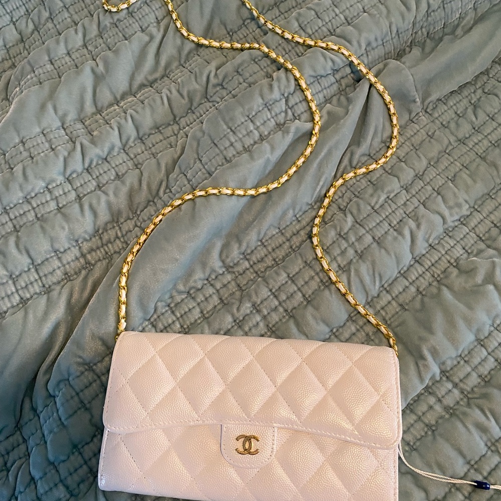 Chic Quilted White Wallet on a Chain